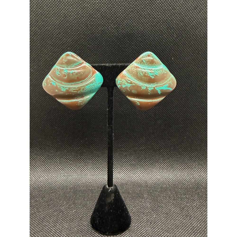 Vintage 80s Verdigris Patina Geometric Diamond Clip On Earrings Turquoise Brown